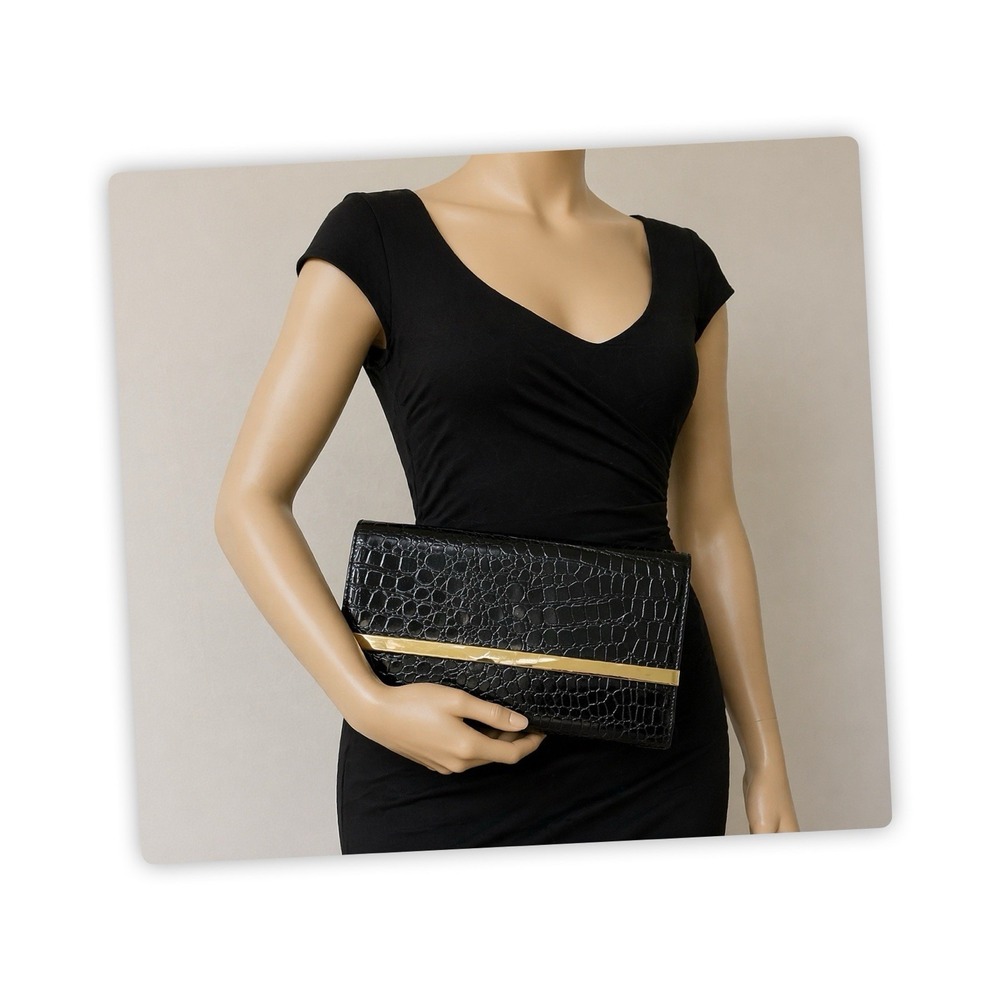 ALDO Black Faux Croc Clutch Wallet Purse Envelope Gold Bar Snap Closure Large